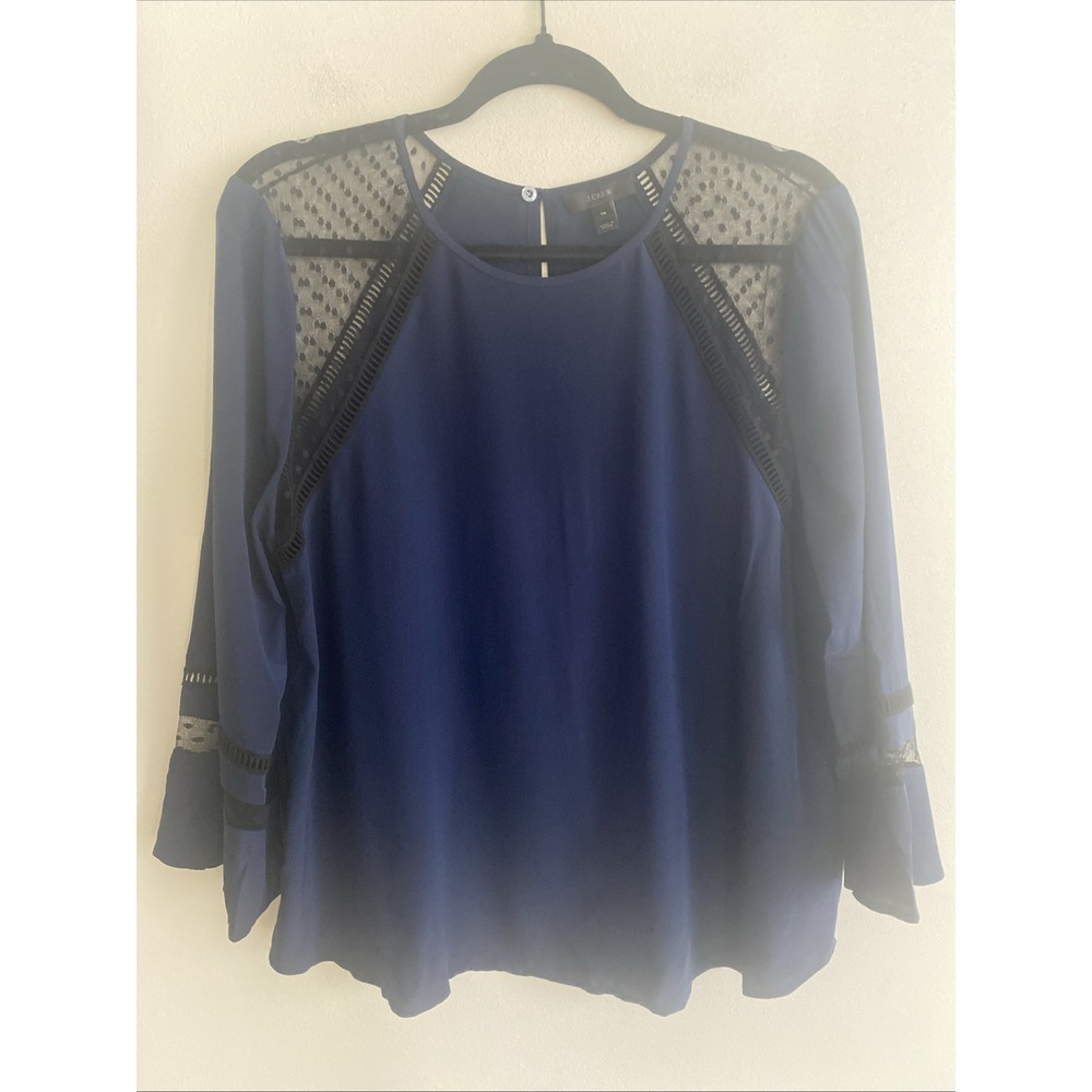 EUC J‎ Crew Silk Blouse Dark Blue Black Polka Dot Mesh Women's Size 14
